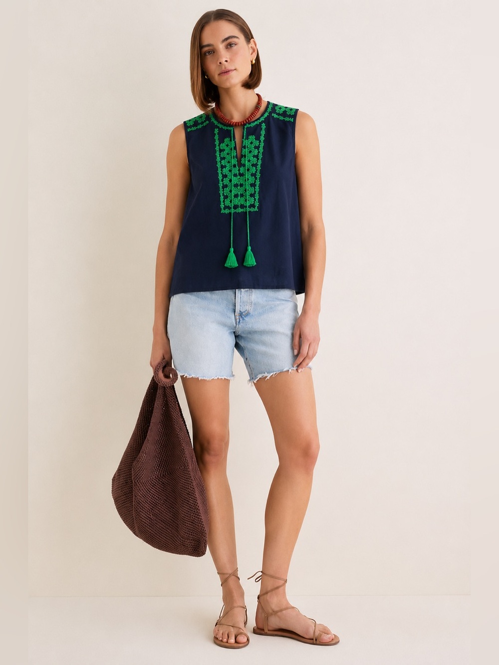NEW J. Crew Embroidered Cotton Sleeveless Tunic Tank Navy Blue Size 00 273